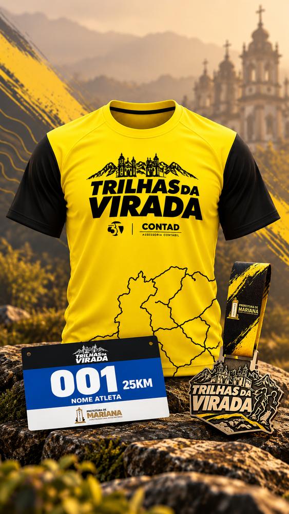 Kit de domingo: camiseta amarela de mangas pretas, número azul de 25 km e medalha