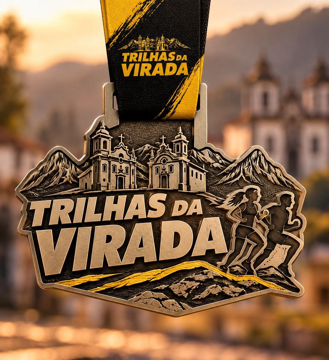 Medalha dourada da Trilhas da Virada com as igrejas de Mariana ao fundo